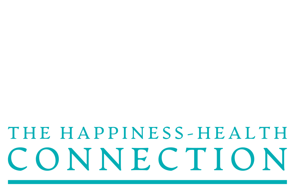 Teal text reads The Happiness-Health Connection below a simple line drawing of a peacock and clouds.