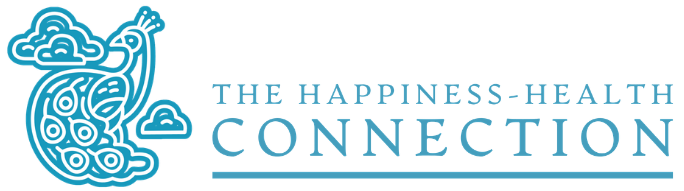 Blue line art peacock with clouds next to the text: The Happiness-Health Connection.